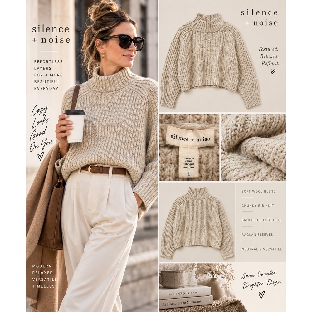 Silence + Noise Womens L Oatmeal Wool Blend Chunky Ribbed Cropped Sweater